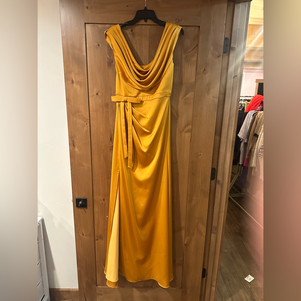 Theia Gold Nectar Cowl Neck Bow Draped Maxi Gown